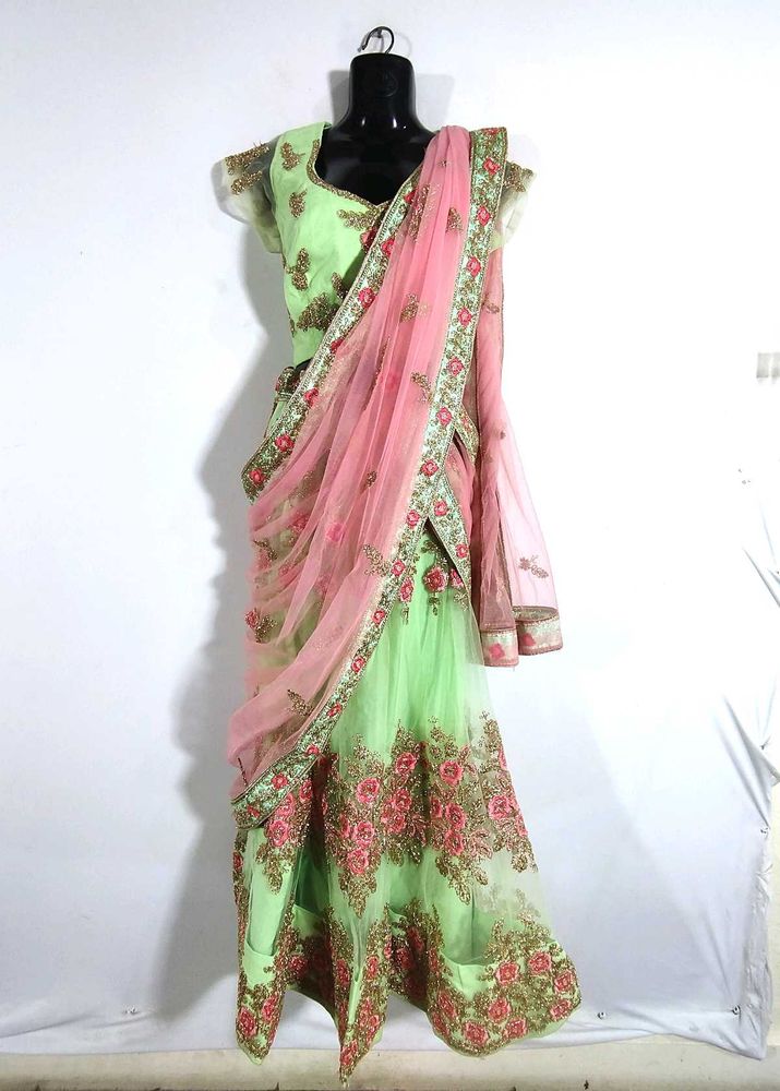 Fluorescent Green And Pink Lehenga Choli (Women's)