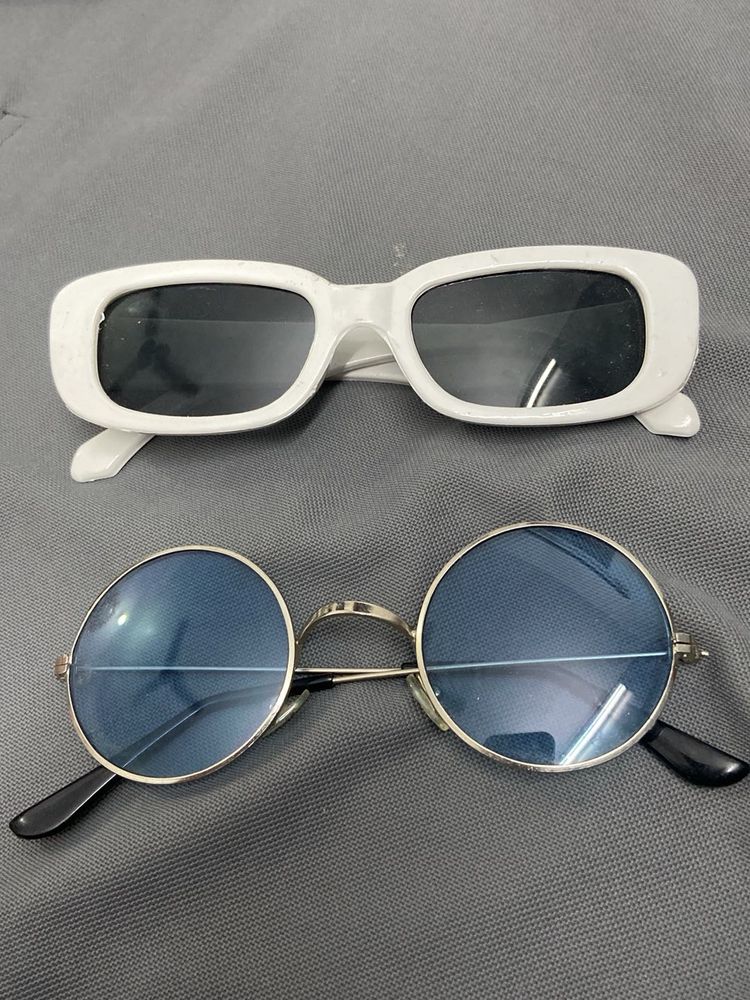 Retro Y2K White &amp; Indie Round Blue Lens Sunglasses