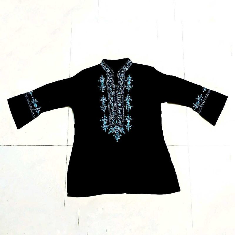 Pure Linen Top Short Kurti Embroidered Black