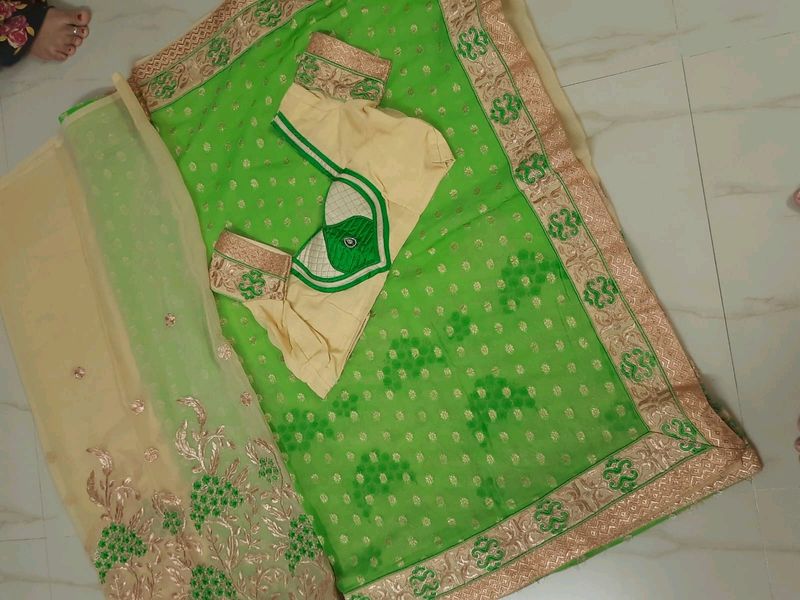 Parrot Green And Cream Colour Saree