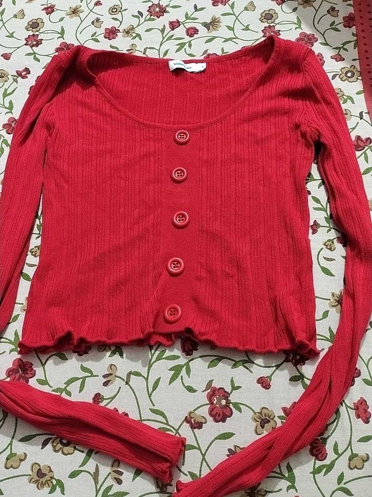 Red Ribbed Button-Up Top