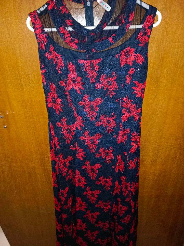 Elegant Navy Blue &amp; Red Floral Long Dress