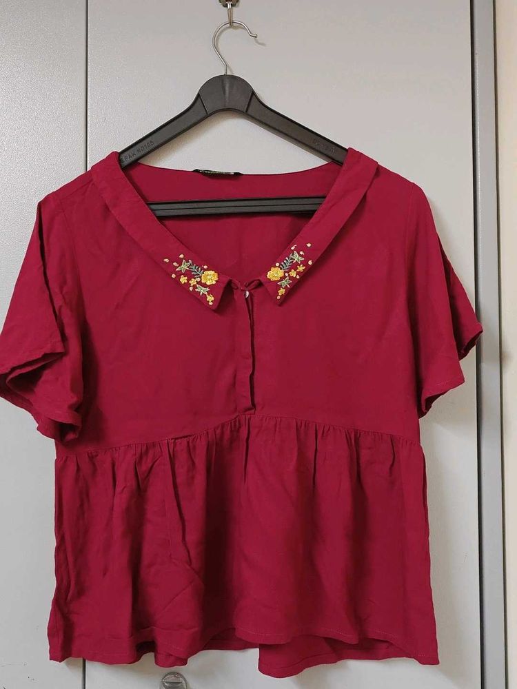 Maroon Top with Embroidered Collar