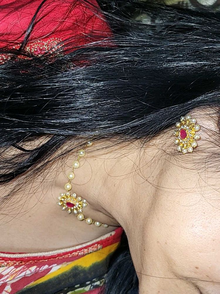 Pearl Necklace &amp; Earring  Set chopper light golden