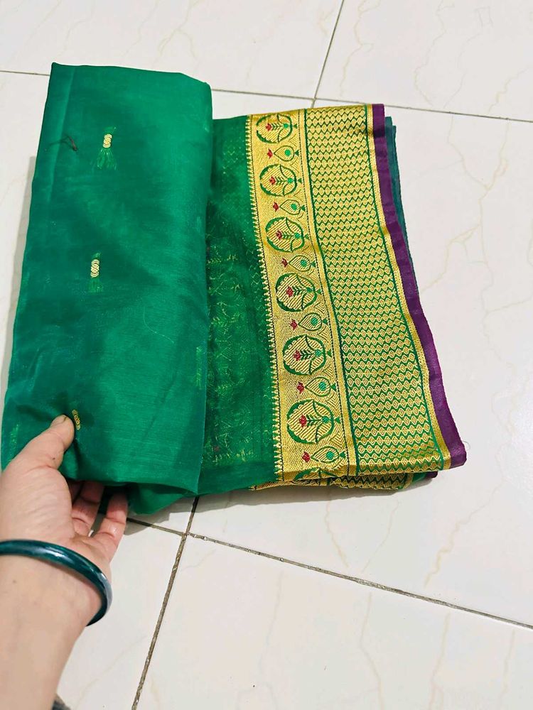 Green Saree with Golden Border