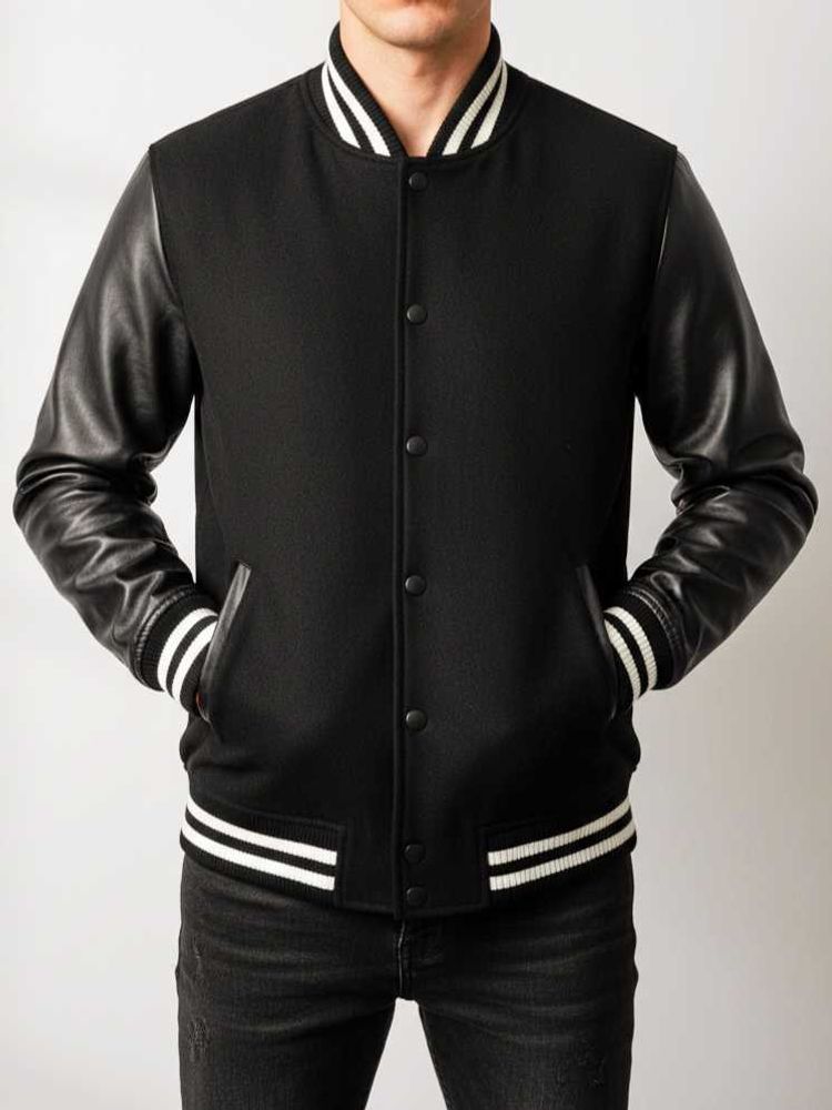 Varsity Bomber Jacket Black Faux Leather Sleeves