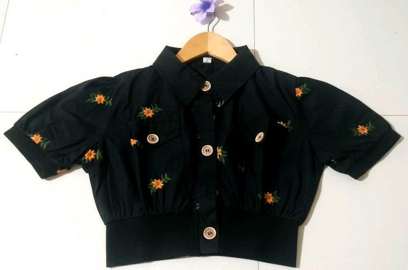 black cute sunflower embroidered crop shirt top