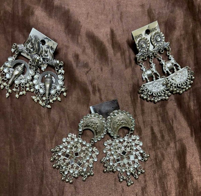 Silver Tone oxidised Earrings Set