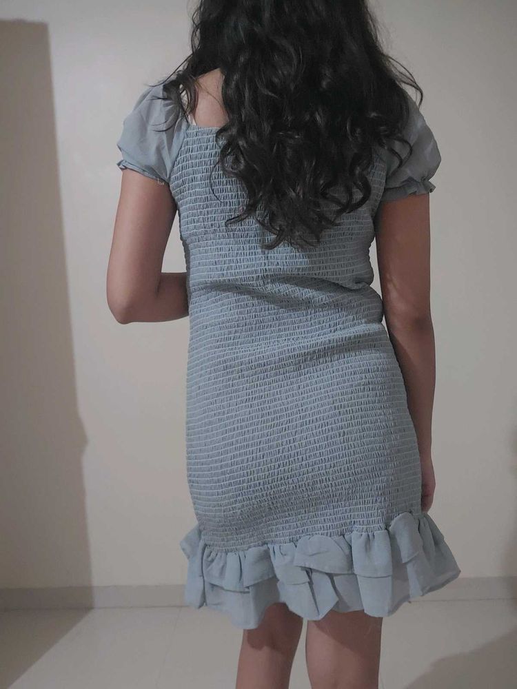 Light Grey Smocked Puff Sleeve Mini Dress with Ruf