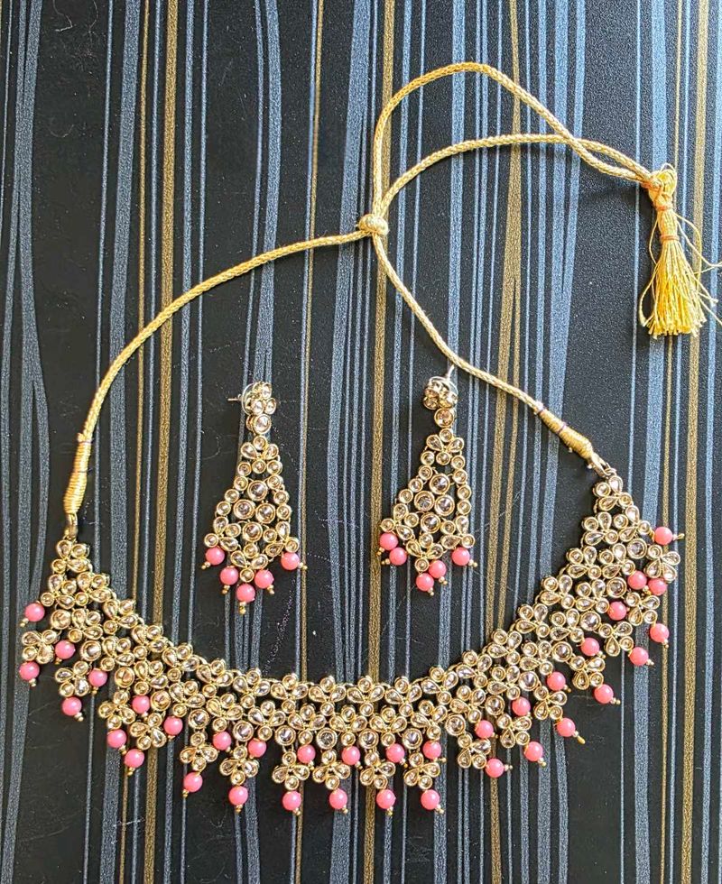 Stone Studded Necklace And Earings With Pearls