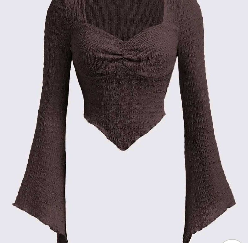 Solid Colour Textured Heart Neck Flare Sleeve