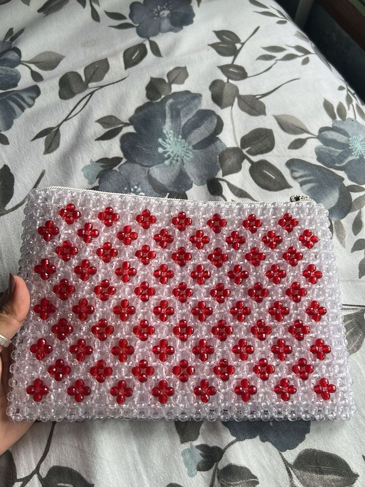 Red And White Beaded Clutch / pouches/ Handbags