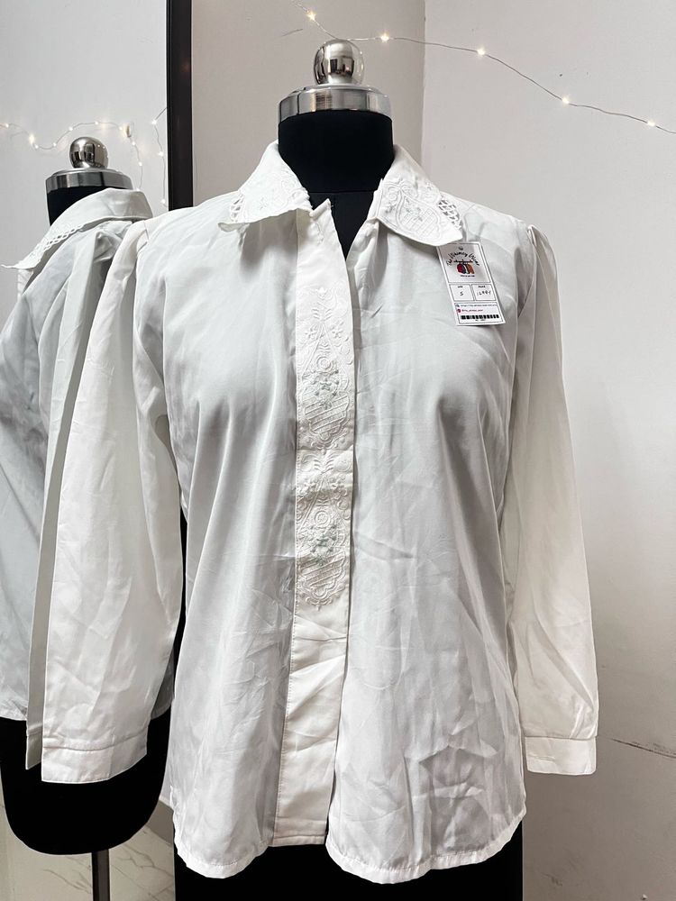 White Korean Embroidered Shirt