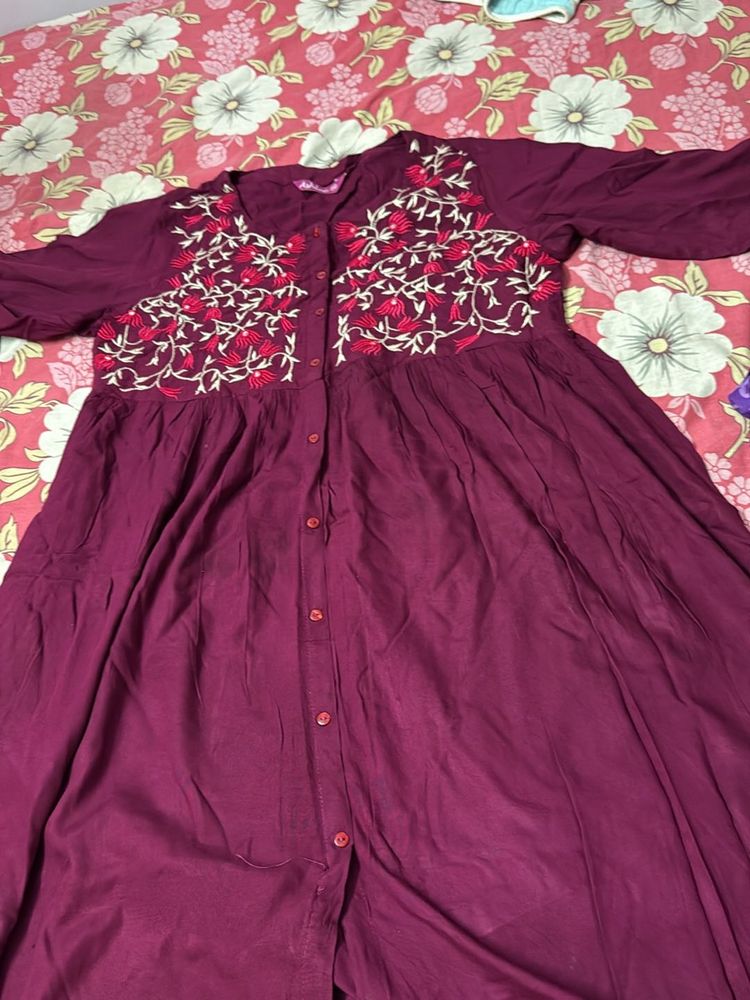 Burgundy Embroidered Button-Up Dress