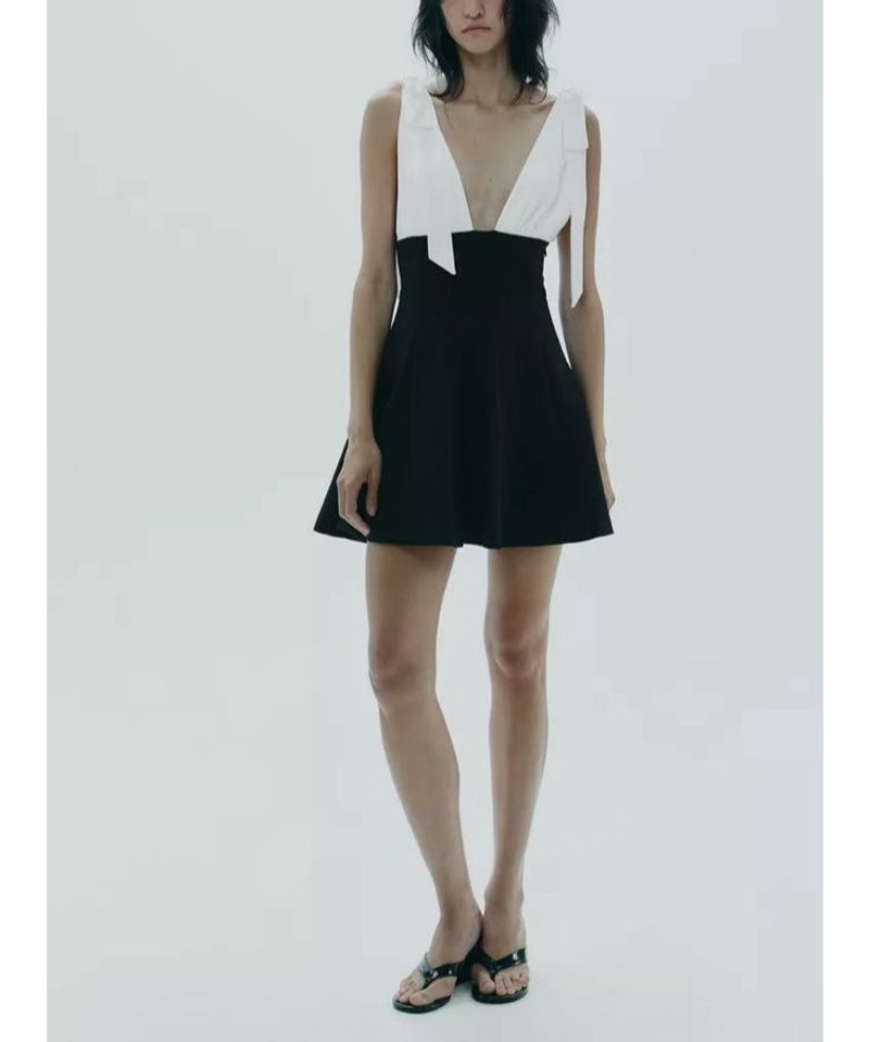 ZARA Contrasting Short Dress With Bows On Straps