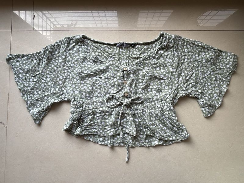Sage Green Floral Tie-Up Crop Top