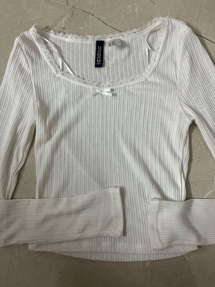 White Ribbed H&amp;M Lace Trim Top