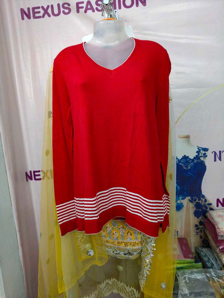 Red V-Neck Knit Sweater