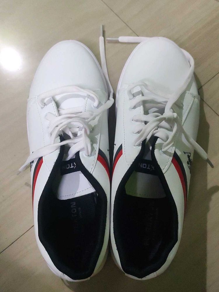 White Sneakers with Red &amp; Navy Stripes