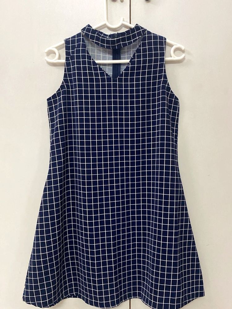 Navy Grid Sleeveless Mini Dress