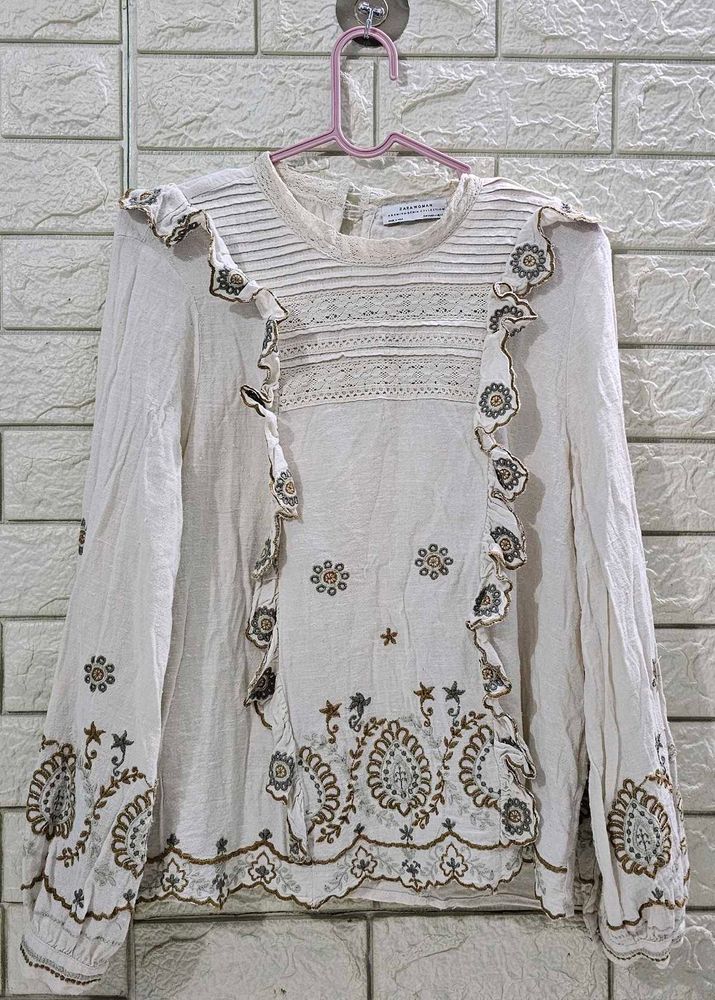 Boho ZARA Cotton Blend Embroidered Ruffle Tunic