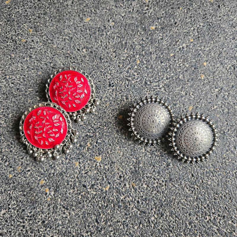 Stud Earrings - Red &amp; Silver