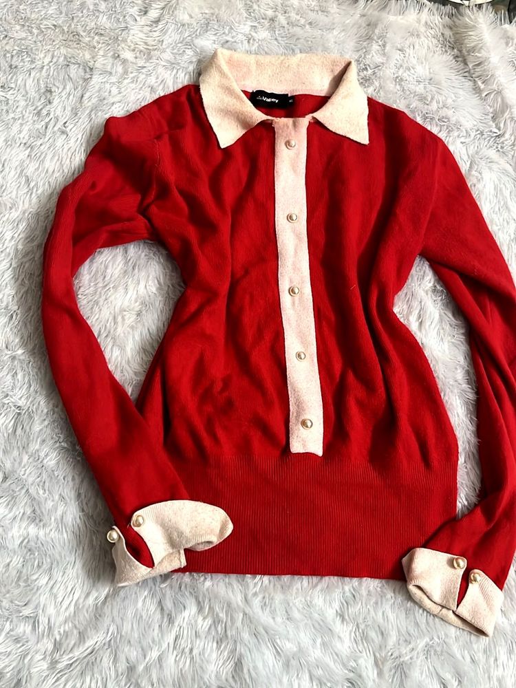 Korean Red Sweater with pearl button ✨