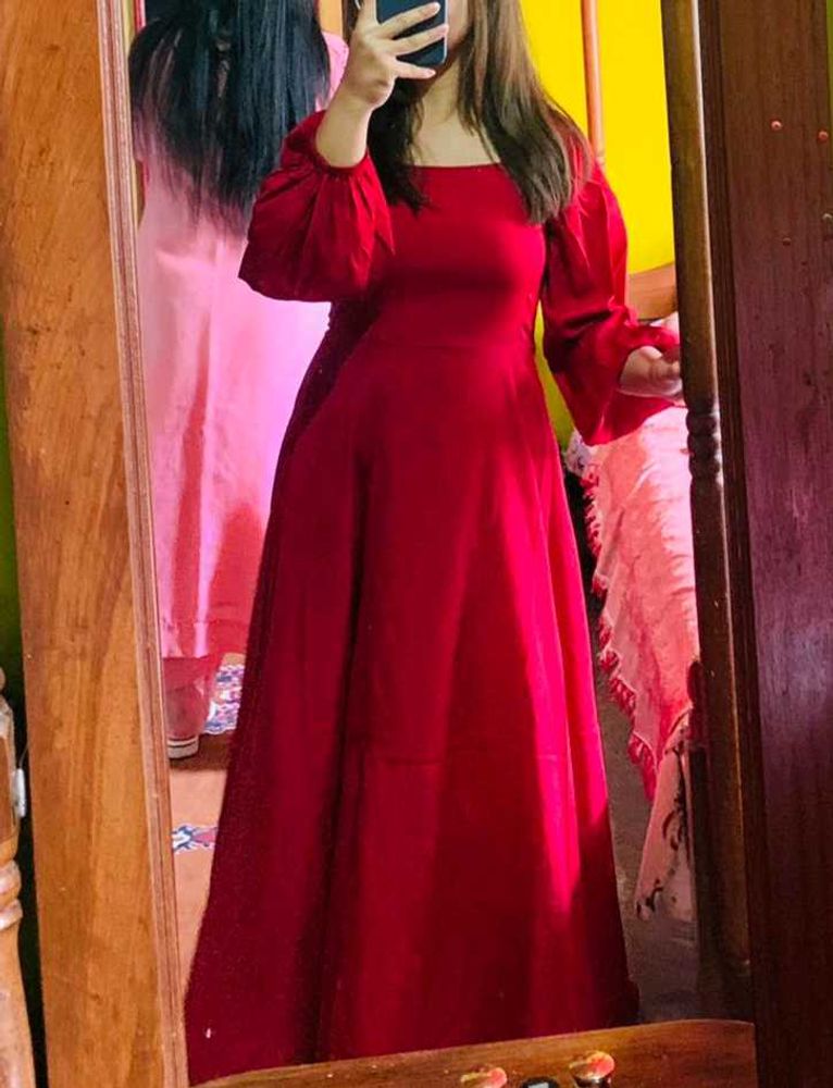 Red Maxi Dress with Puff Sleeves