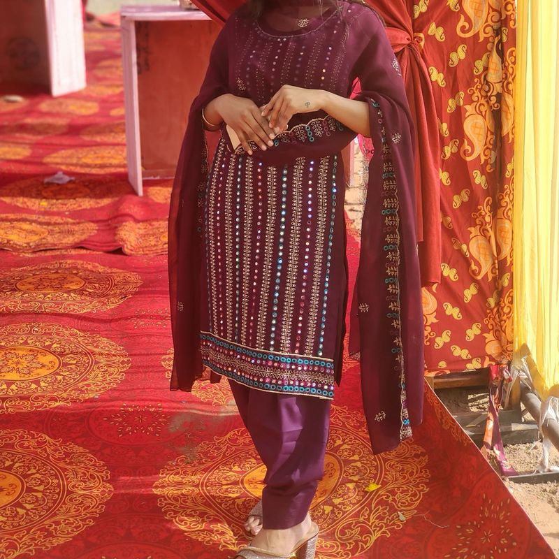 Maroon Mirror-Work Salwar Suit