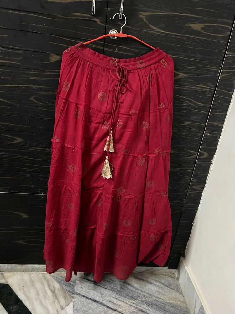 Red Flared Cotton Skirt