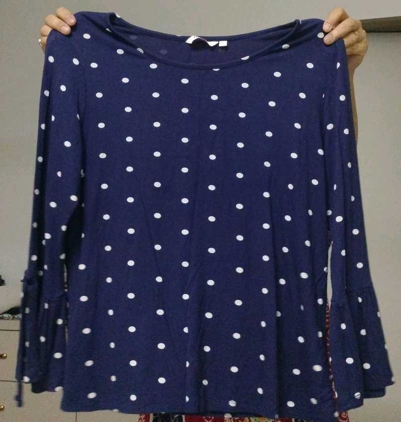 Chic Navy Blue Polka Dot Top with Bell Sleeves