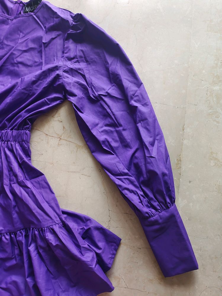 New Short Flared Puff Sleeved Purple Dress