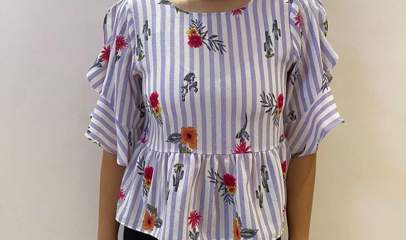 Striped Floral Ruffle Sleeve Top