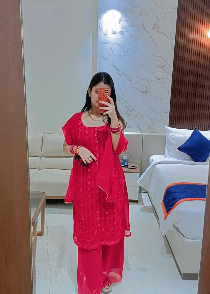 Red Embroidered Kurta Set