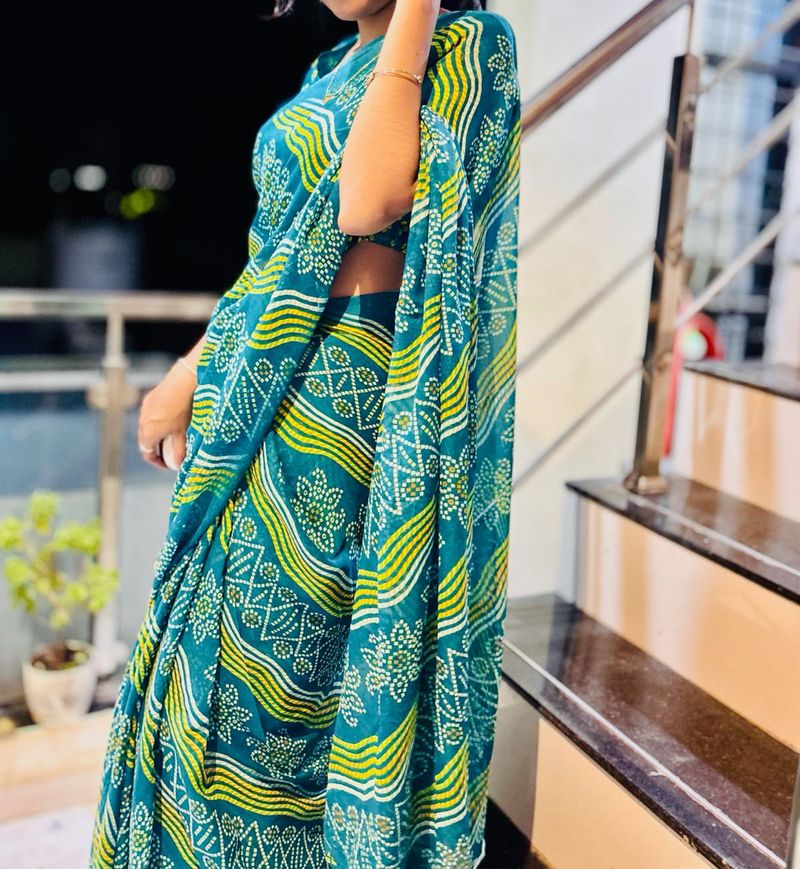 Teal &amp; Yellow Printed Saree