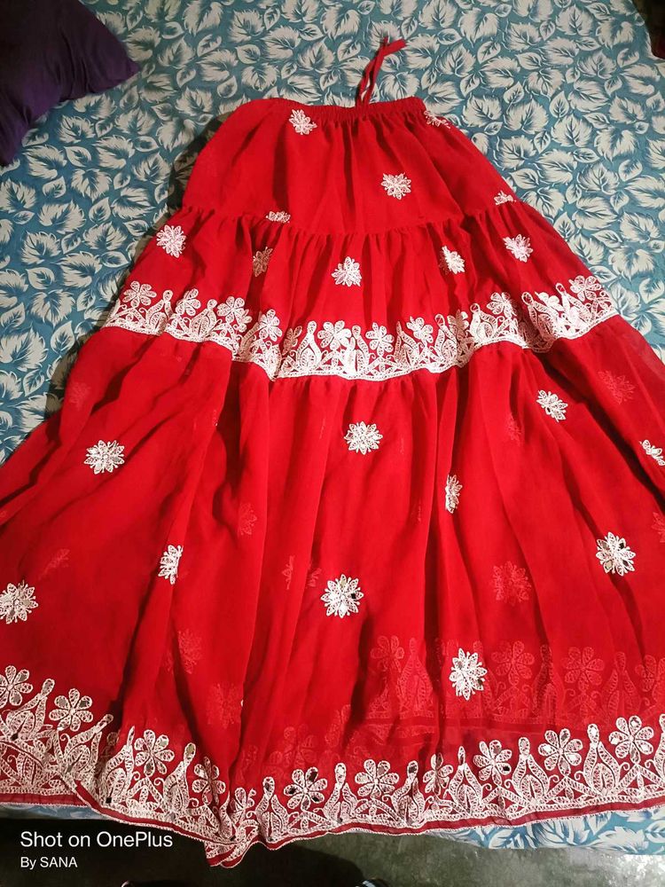 Pink Chikankari Work Skirt
