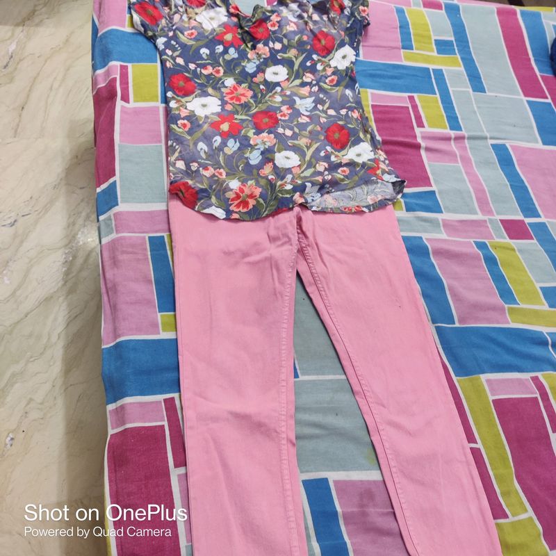 Combo of 4 items: 3 top and 1 jeans Colour: blue , peach and pink