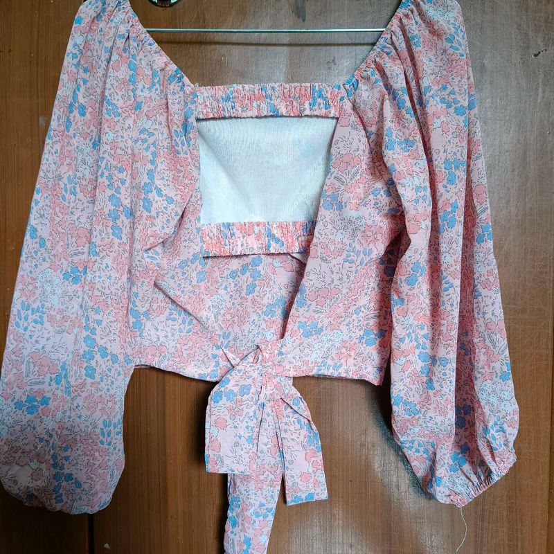 Floral print bishop sleeves backless top for women