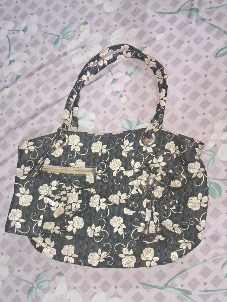 Black White Flora Handbag