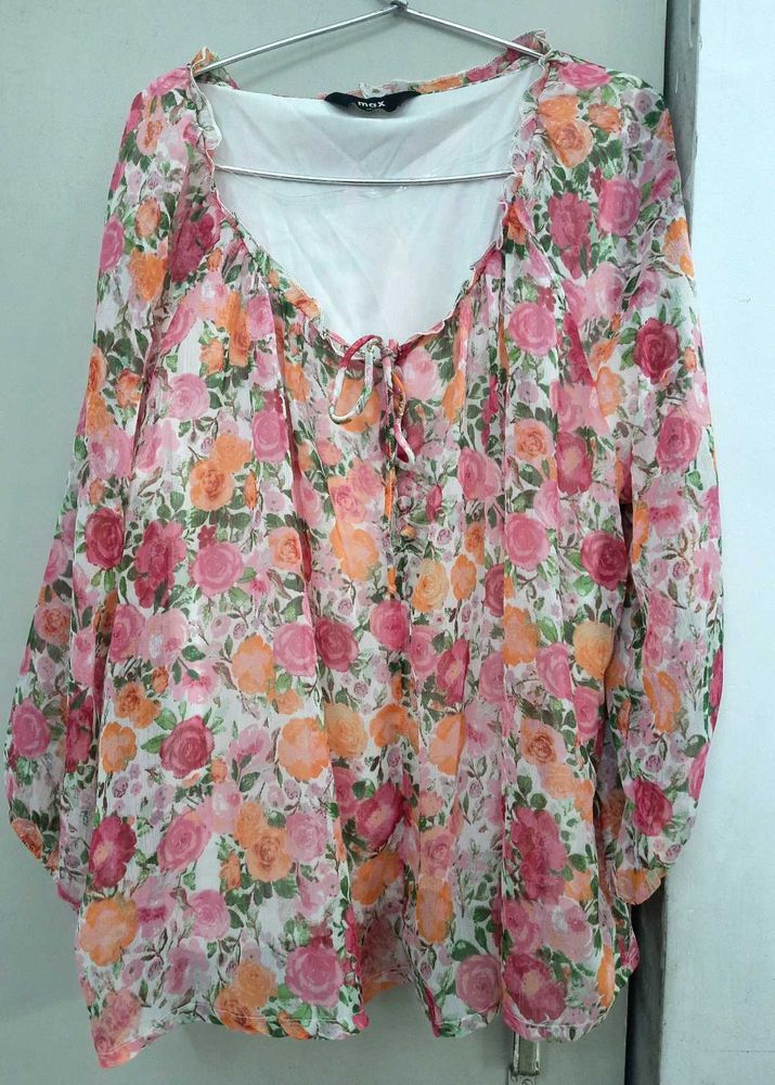 max Floral Printed Tie - Up Neck Puff Sleeves Top