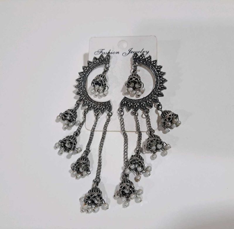 Oxidized Moon Shaped Jhumka Earrings