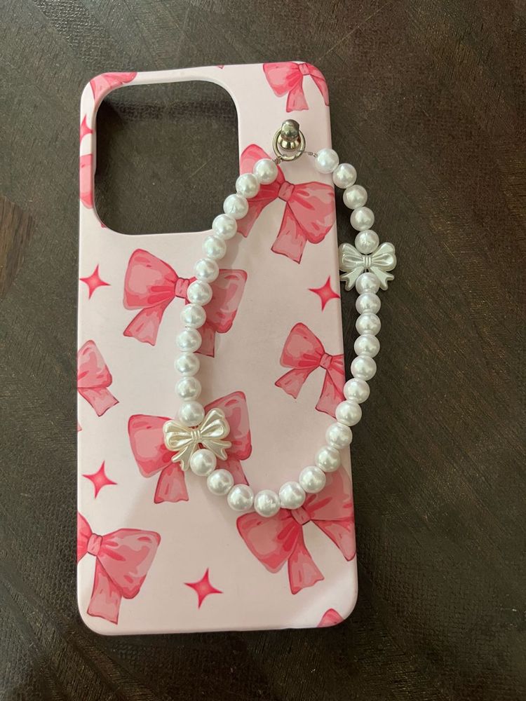 Pink Bow Phone Case with Pearl Strap