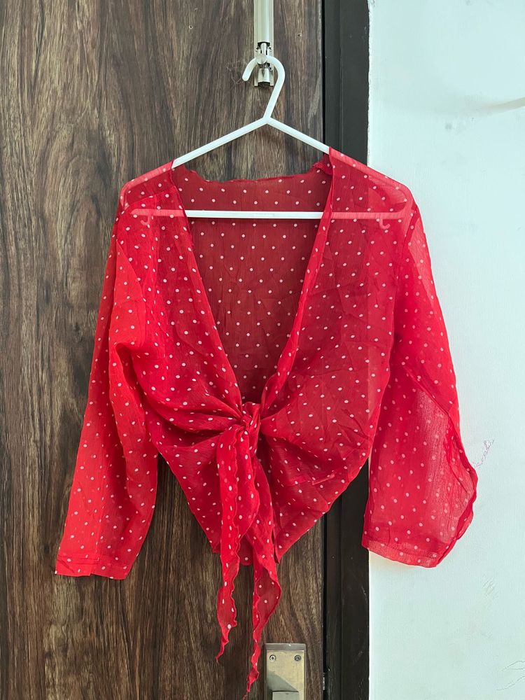 Red Polka Dot Tie Front Top