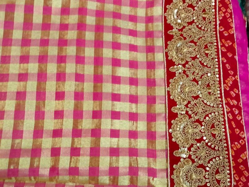 Elegant Pink Checkered Saree