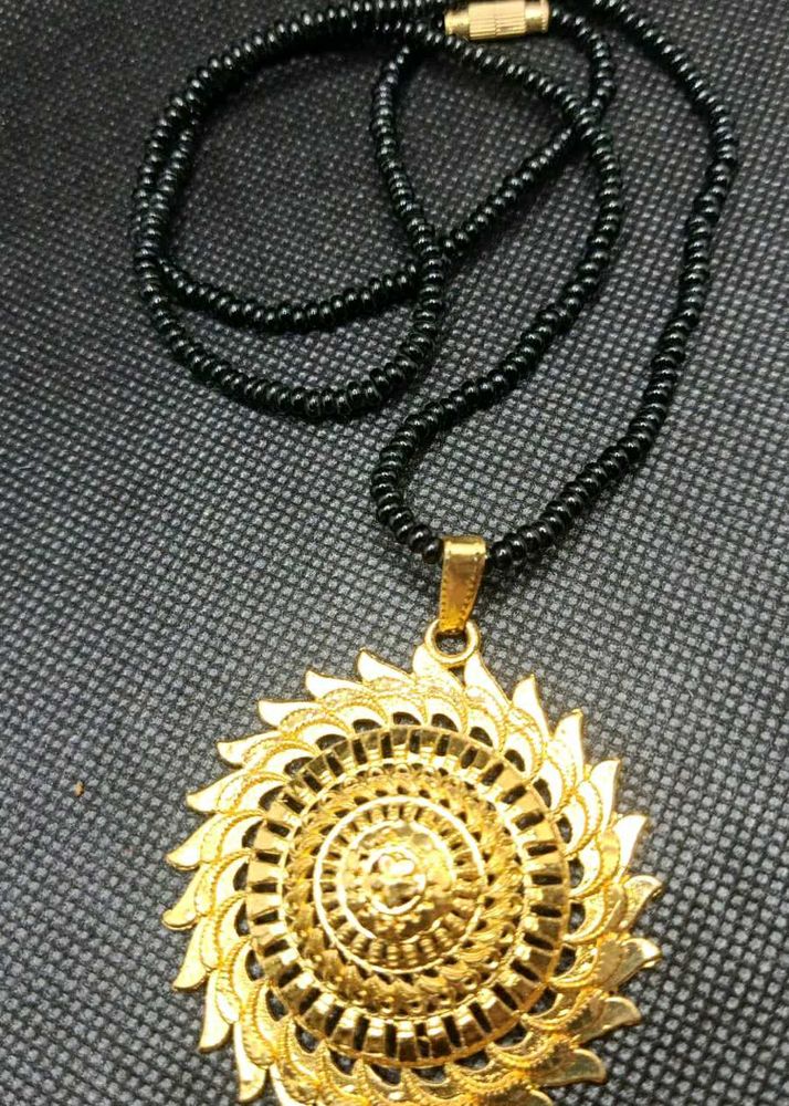 Gold Sunflower Pendant Black Bead Necklace