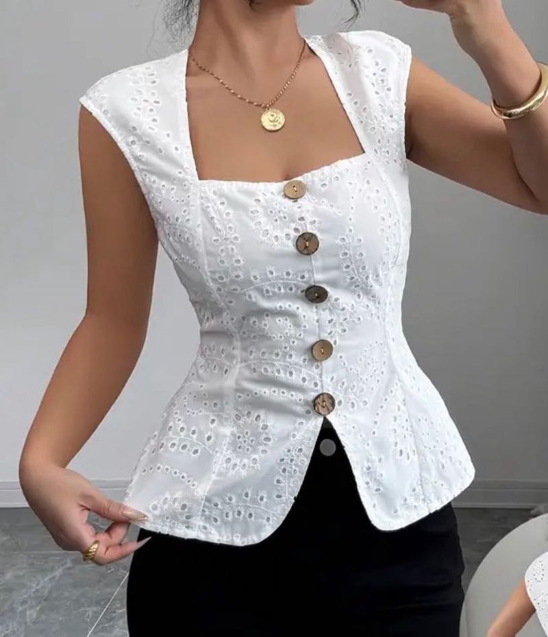 Elegant White Eyelet Peplum Top
