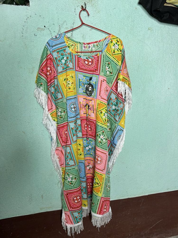 Colorful Patchwork Fringed Cover-Up