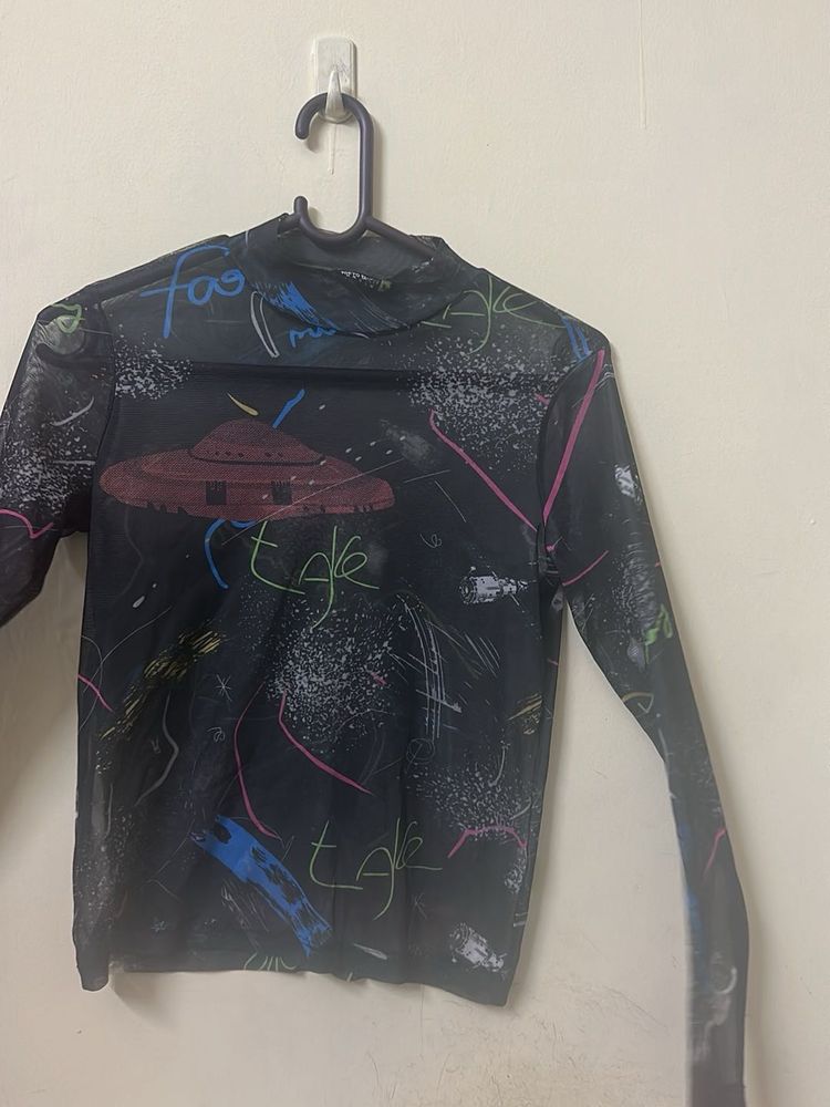 Abstract Graphic Print Mesh Top