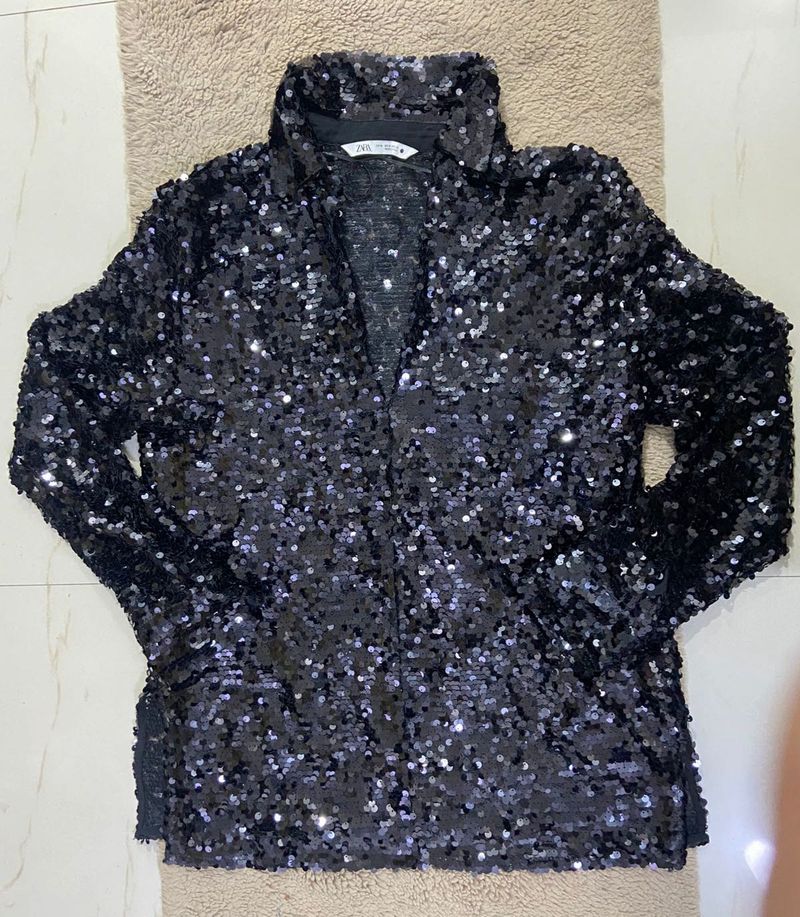 Zara Sequin Embellished collared top