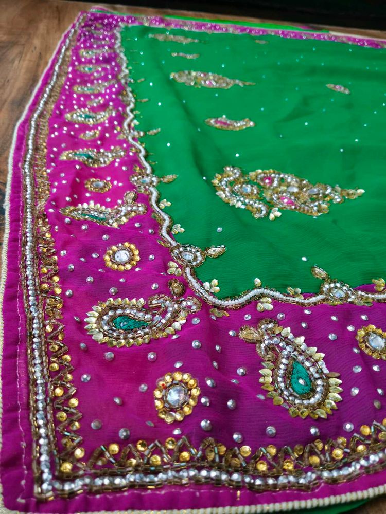 Green &amp; Pink heavy handwork Saree